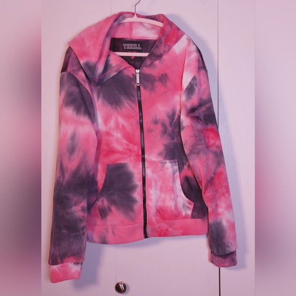 Thrill Pink Black Tie Dye Zip Up Hoodie Sweatshirt Jacket Size 2X Fleece Cozy - Picture 1 of 11